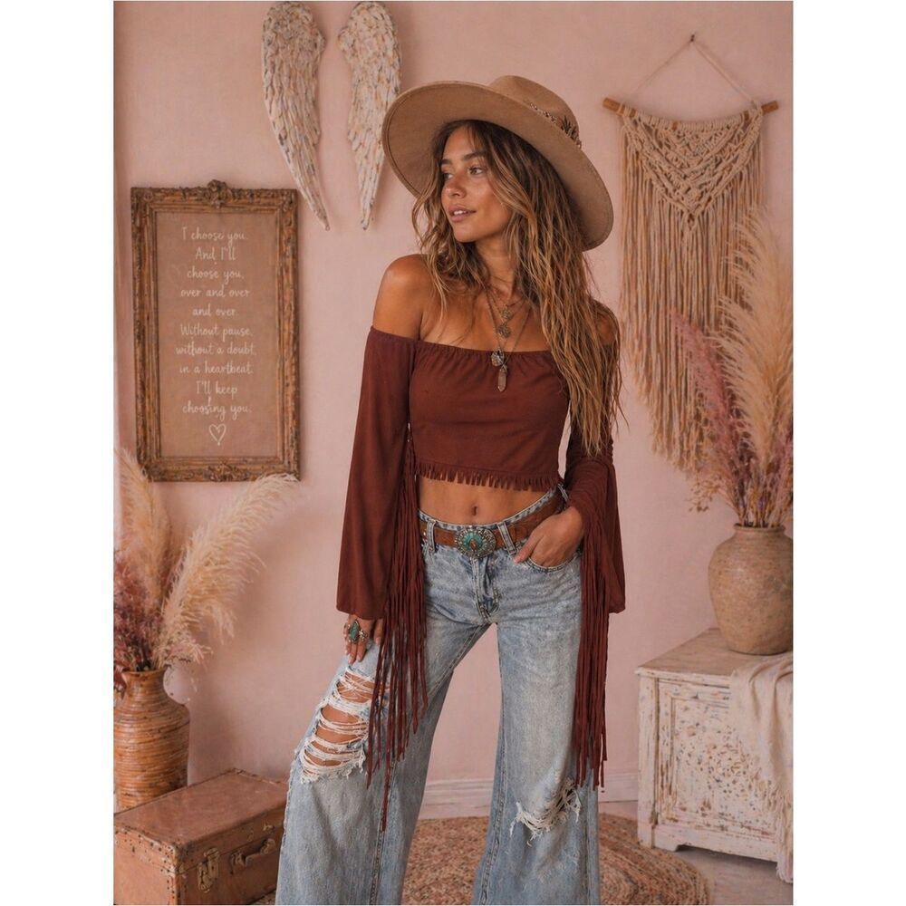 Anthropologie Rust Brown Off-Shoulder Fringe Bell-Sleeve Crop Top